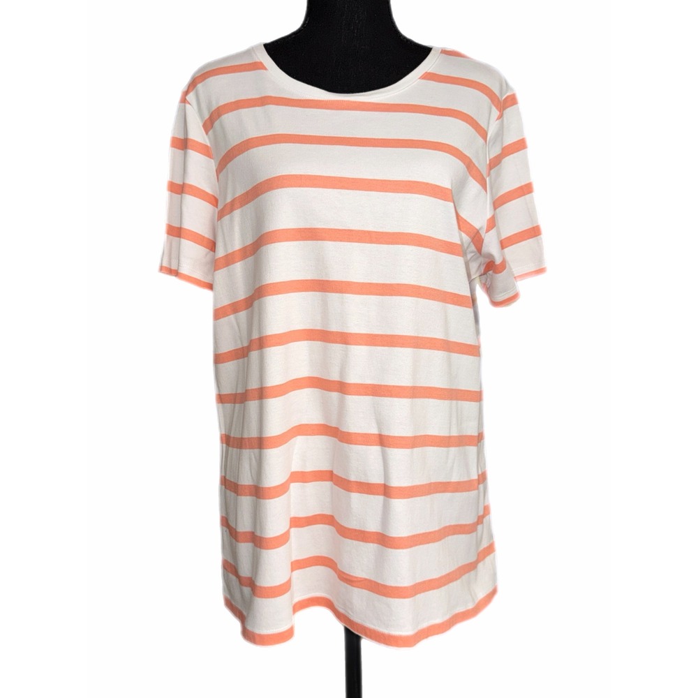 Kim Rogers Perfectly Soft Orange White Striped Cotton T-Shirt Large Short Sleeve